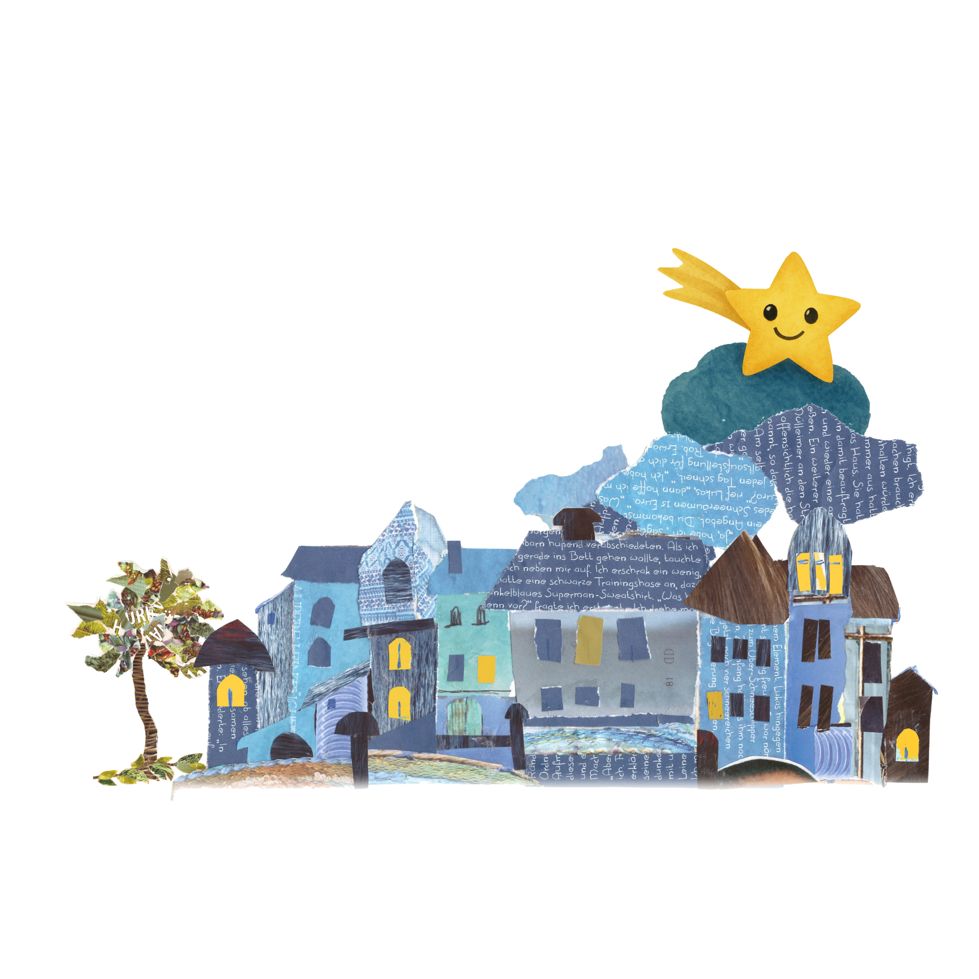 Eine kleine Stadt aus Papiercollage, über der ein lächelnder Stern auf einer Wolke sitzt