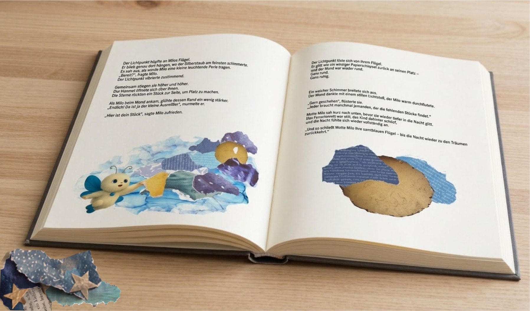 Aufgeschlagenes Buch mit Milos Collageillustrationen auf einem Holztisch